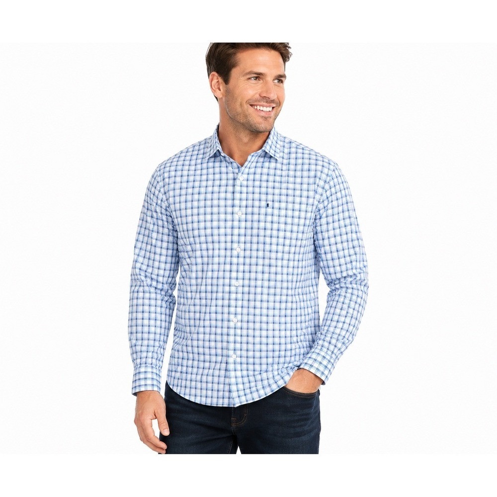 IZOD Button Down Shirt Mens L White Blue Plaid Regular Fit 16-16.5 32/33 NWT